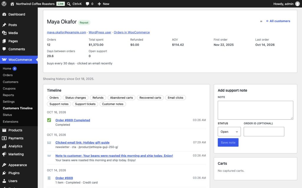 Buyerline, A customer's timeline with orders, carts, clicks and support notes.
