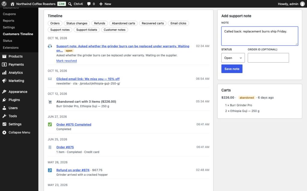 Buyerline, Abandoned-cart panel and inline support notes.