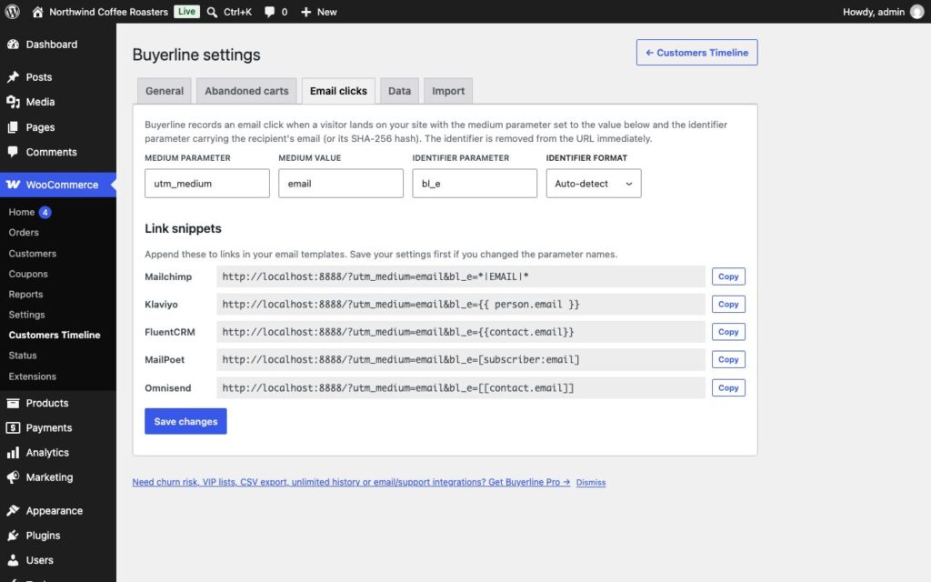 Buyerline, Settings: email-click snippets and import progress.