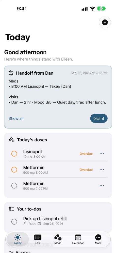 CareLog, Today: doses, visits and what needs attention.