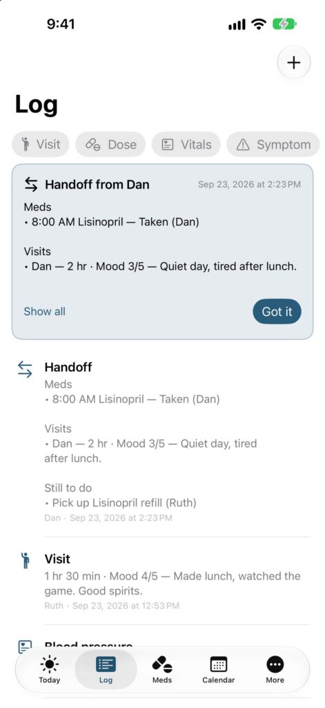 CareLog, The care log timeline.