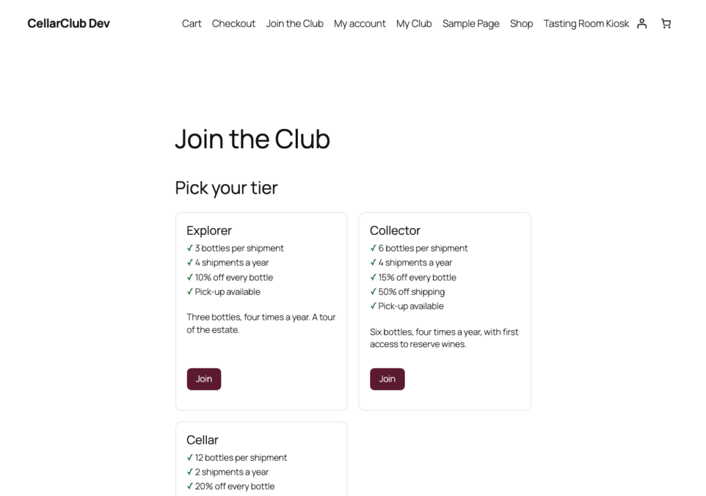CellarClub, The signup page: pick a tier, confirm 21+, enter an address with a live shipping check and save a card.