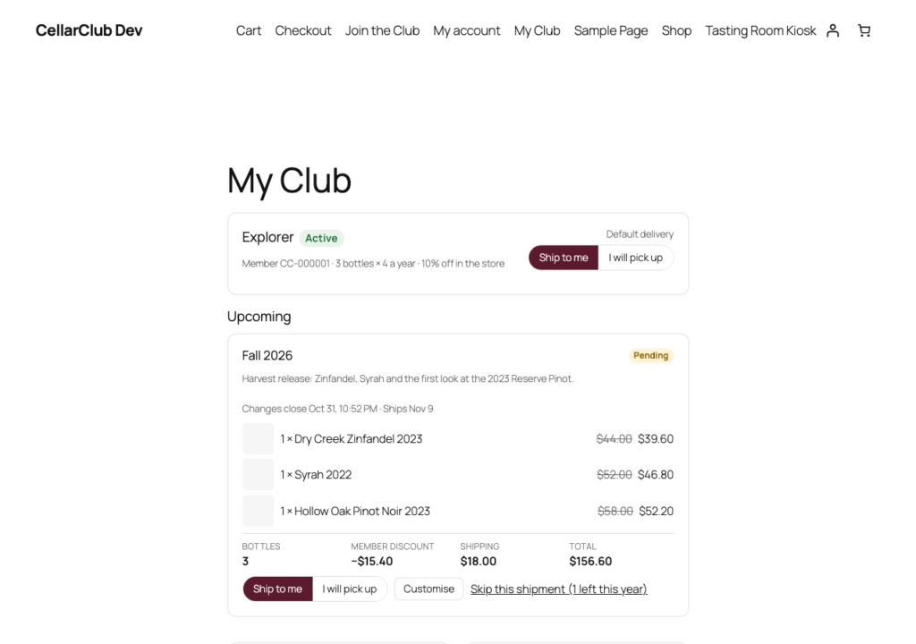 CellarClub, The member portal: the next shipment at member prices, pick-up or ship, customise and skip.