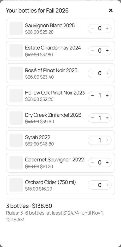 CellarClub, A member choosing bottles for the next release (Pro), within the tier's bottle and price rules.