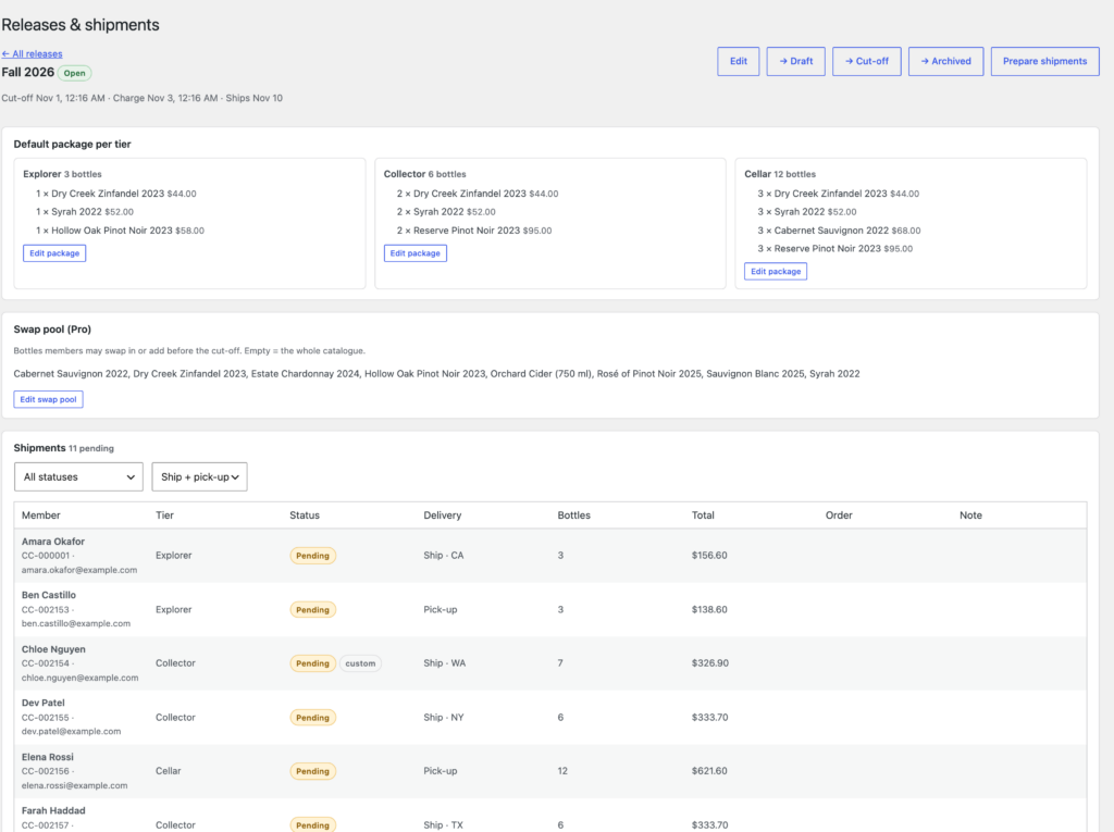 CellarClub, A release: the default package per tier, the swap pool and every member's shipment.