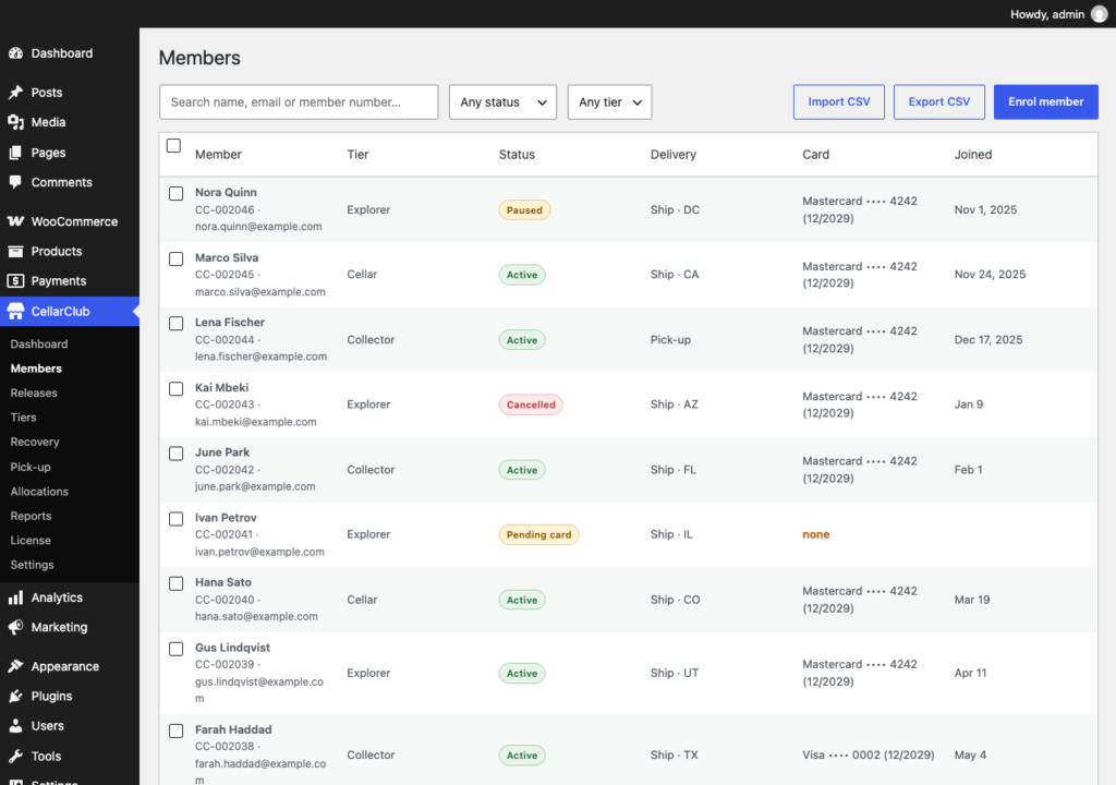 CellarClub, Members, with import, export and bulk tier, status and delivery changes.