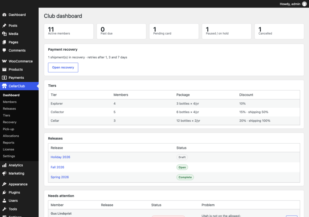 CellarClub, The club dashboard: members by status, tiers, releases and what needs attention.
