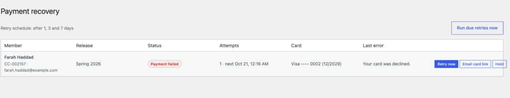 CellarClub, Payment recovery (Pro): declined cards on a retry schedule with card-update emails.