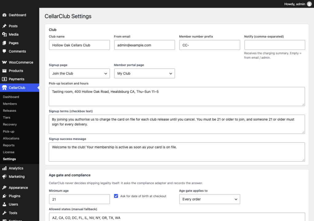 CellarClub, Settings: club details, pick-up location, age gate and the allowed-states list.