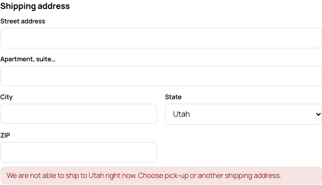 CellarClub, The signup form declining a state that is not on the allowed list, with pick-up offered instead.
