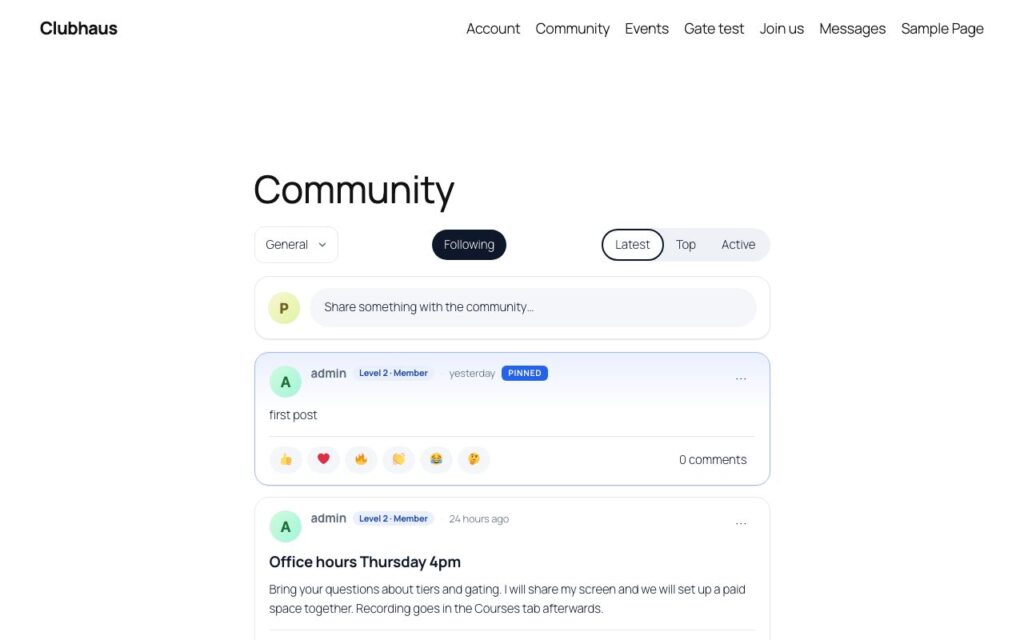 Clubhaus, The member feed with spaces, sorting, reactions and comments.