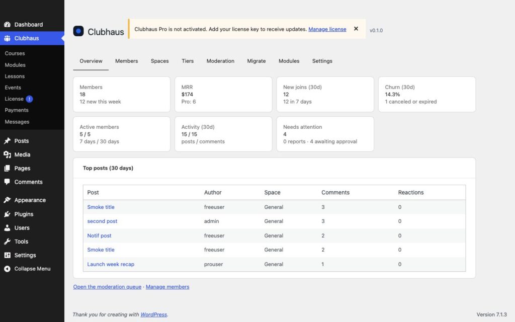 Clubhaus, The admin dashboard with metrics, members, spaces, tiers and moderation.