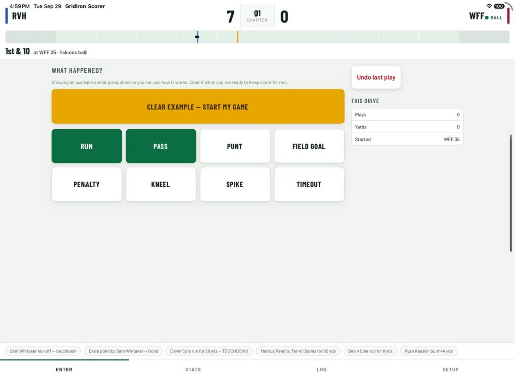 Gridiron Scorer, Enter screen with the score bug and play types.