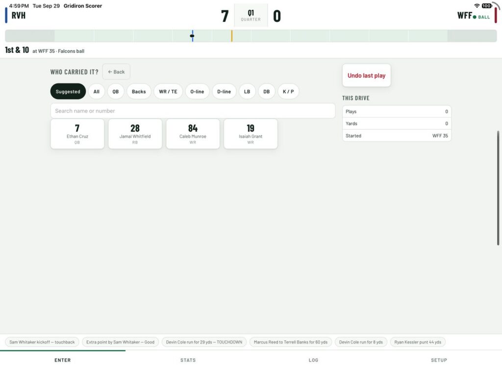 Gridiron Scorer, Player picker with position filters and search.