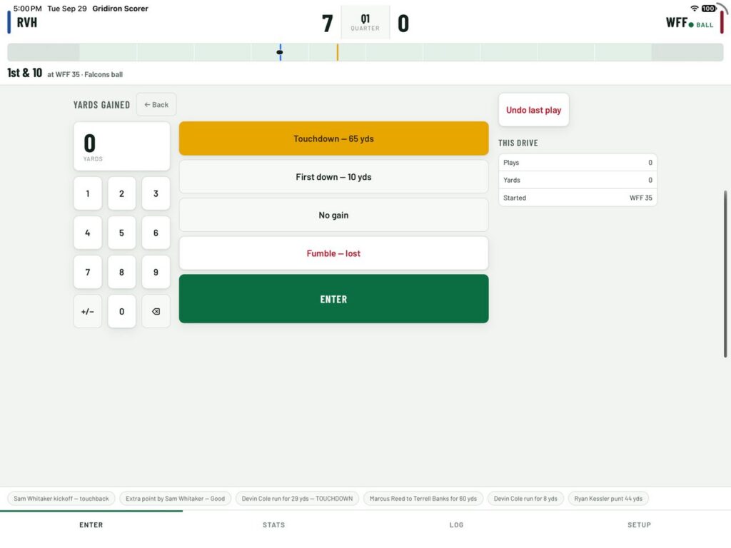 Gridiron Scorer, Yards keypad with quick actions.