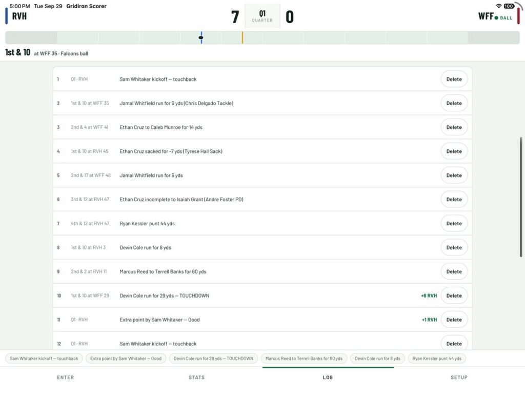 Gridiron Scorer, Play-by-play log.