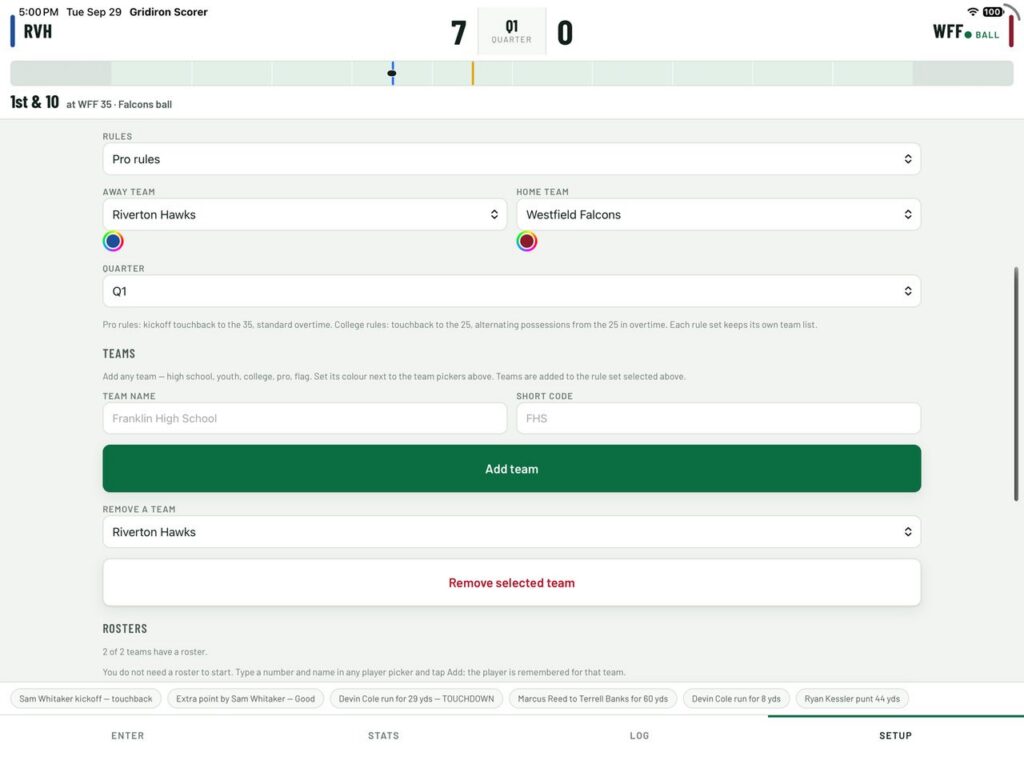 Gridiron Scorer, Teams, rosters and export.