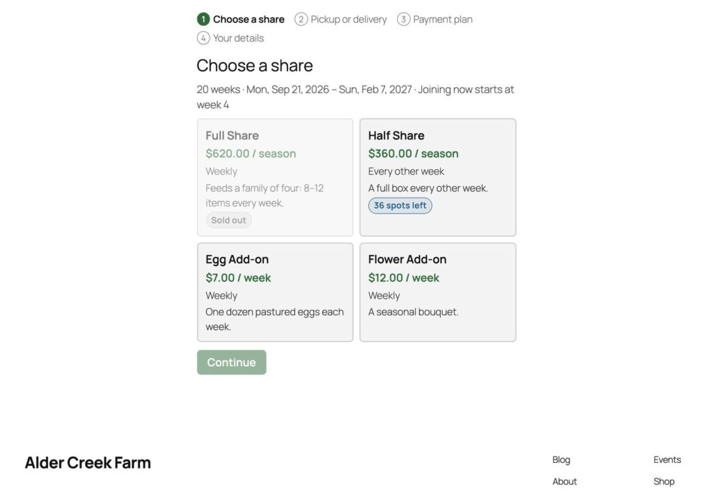 HarvestShare, The member signup block: season, share, pickup site and payment plan in one form.