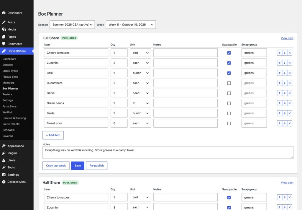 HarvestShare, The weekly box planner: what goes in each share type this week, published as a What's in the box post.