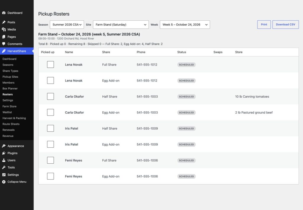 HarvestShare, A pickup roster with check-off, printable or exported as CSV.