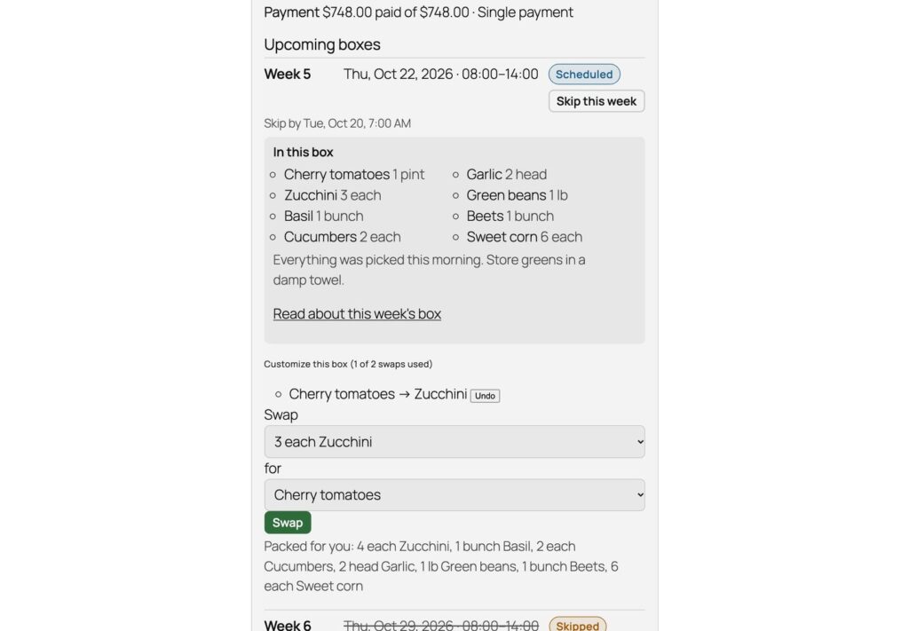 HarvestShare, Box swaps in the member portal (Pro): members trade items within a swap group before the cutoff.