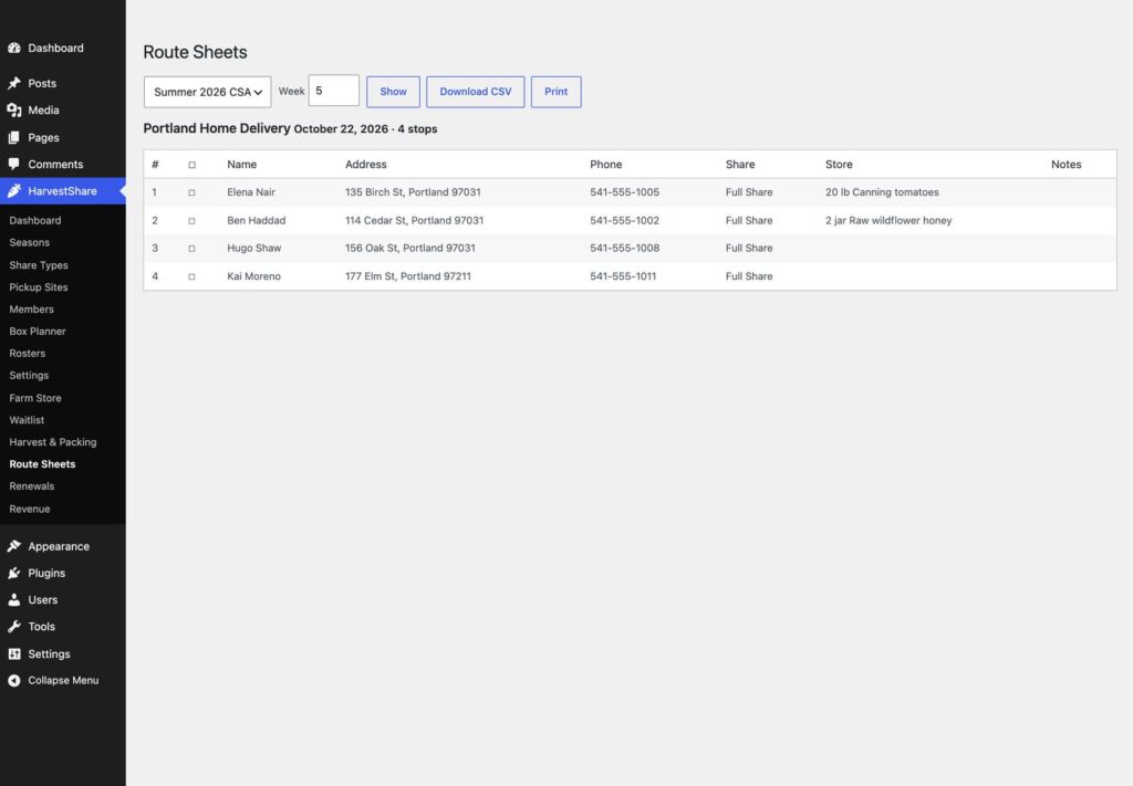 HarvestShare, A delivery route sheet (Pro): grouped by zone, ordered by ZIP and street.