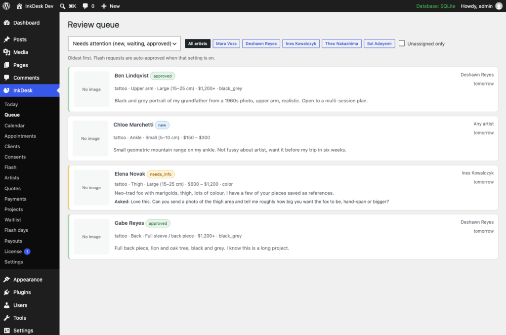 InkDesk, The artist review queue with flash and custom requests.