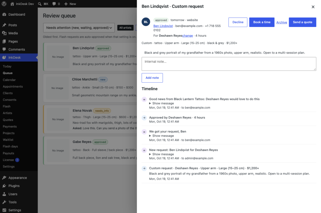 InkDesk, A request drawer: approve with a session length, ask for more info, decline, or send a quote (Pro).
