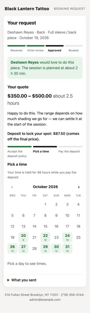 InkDesk, The client's quote page (Pro): price, deposit policy, pick a time, pay.