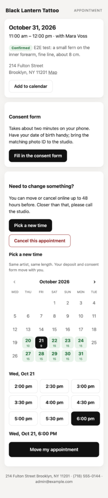 InkDesk, The client's appointment page with consent form and self-service rescheduling.