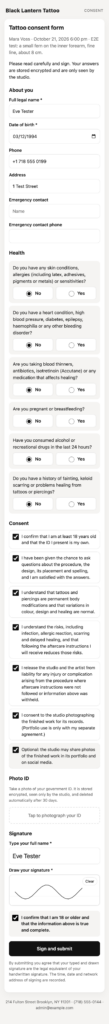InkDesk, The phone consent form: health questions, consent clauses and a drawn signature.