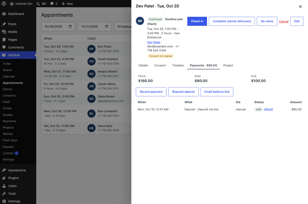 InkDesk, The appointment payments tab (Pro): price, paid, due and the ledger.