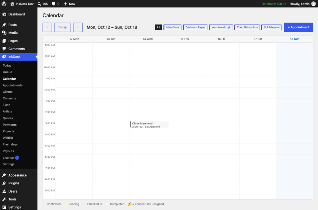 InkDesk, The per-artist week calendar with time-off blocks.