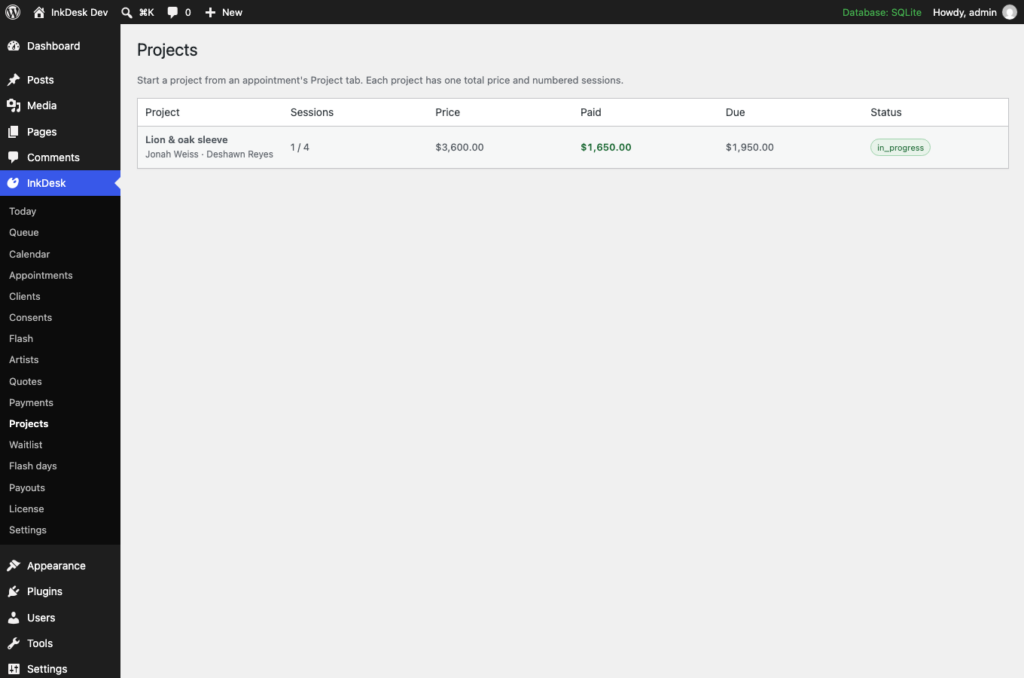 InkDesk, Multi-session projects (Pro) with numbered sessions and a project ledger.