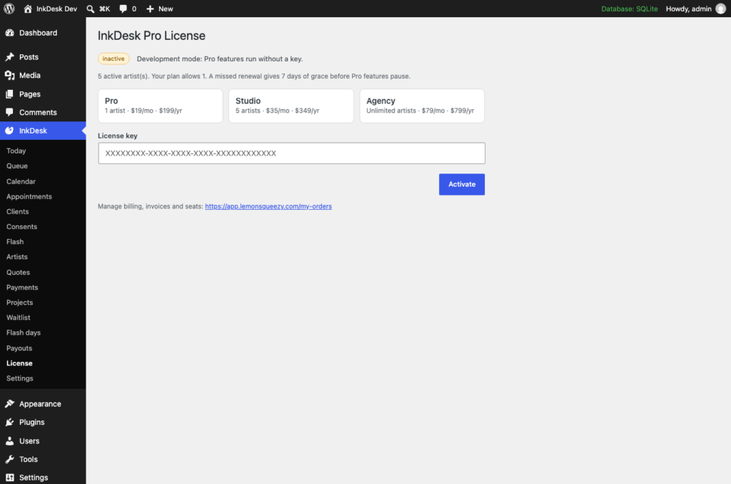 InkDesk, The license screen (Pro) with the Pro, Studio and Agency plans.