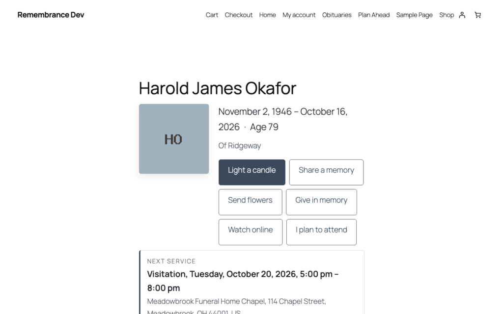 Remembrance, Services as cards, with map, calendar, livestream and attendance links.