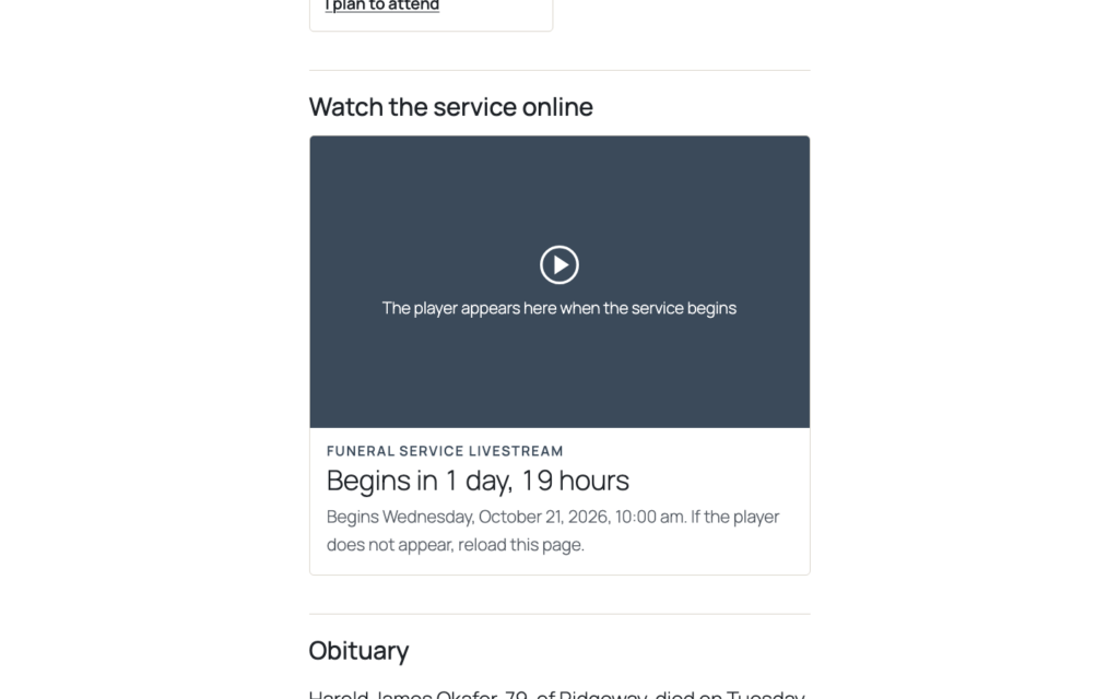 Remembrance, Livestream (Pro) with a countdown; the player appears when the service begins and the recording stays afterwards.