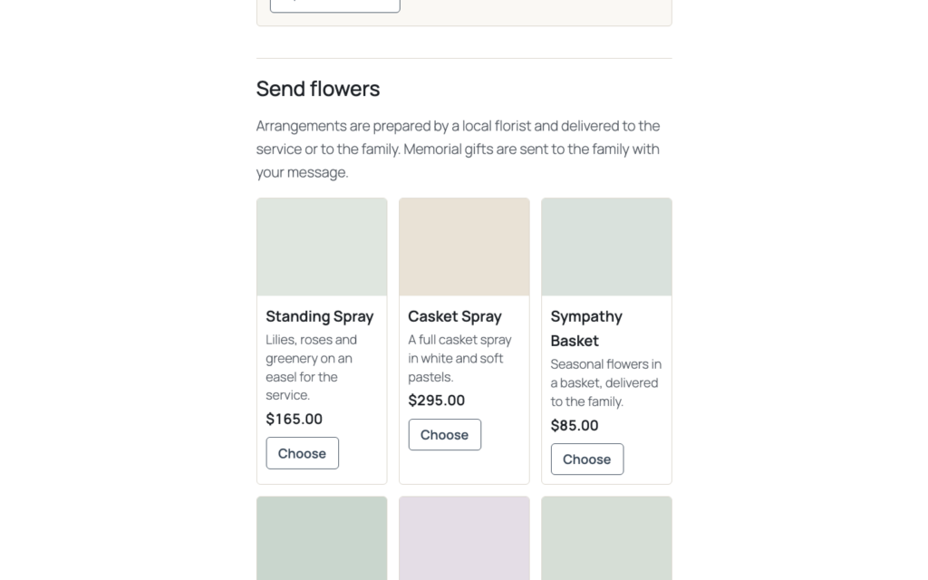 Remembrance, Arrangements from your florist (Pro), delivered to the service or the family, paid through WooCommerce or Stripe.