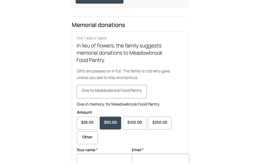 Remembrance, Memorial gifts (Pro) for the family's charity with suggested amounts and receipts.