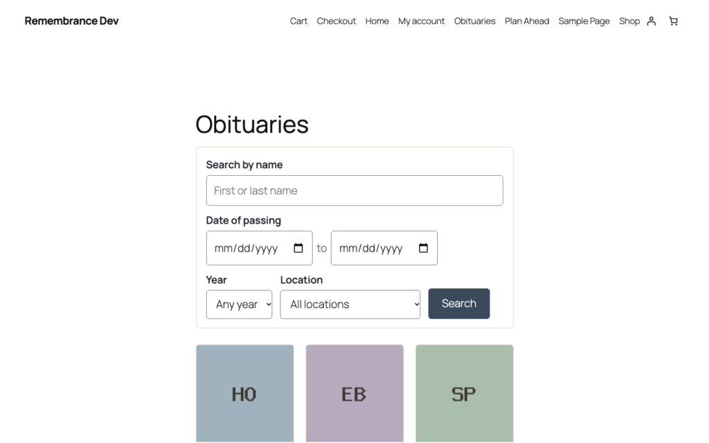 Remembrance, The obituaries listing with search by name, date and location, and email notifications.