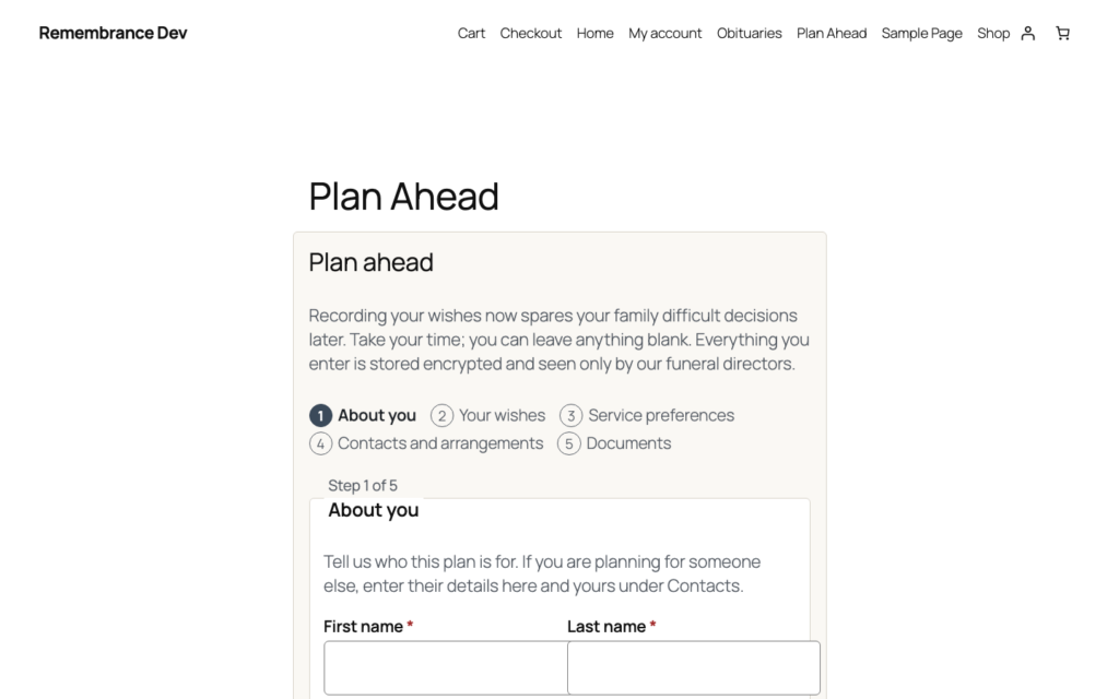 Remembrance, The pre-planning form (Pro): calm, stepped, encrypted at rest.