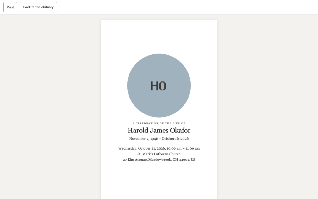 Remembrance, A printable service program from the order of service.