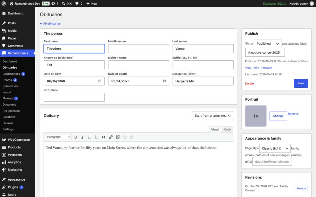 Remembrance, The obituary editor with autosave, revisions, services, the order of service and Pro options.