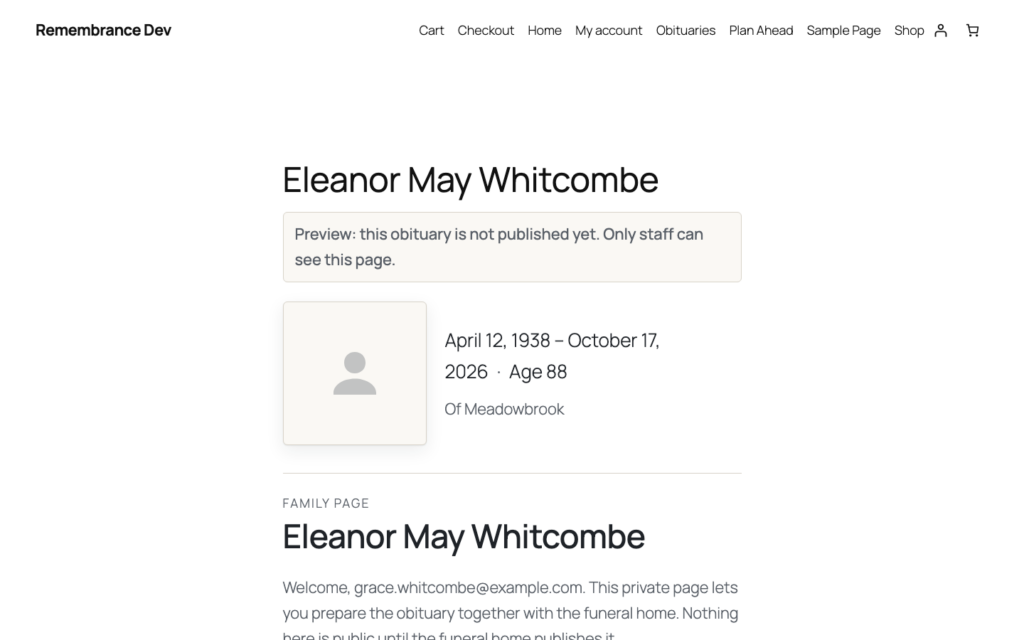Remembrance, The family portal (Pro): relatives review the draft and add photos without a WordPress login.