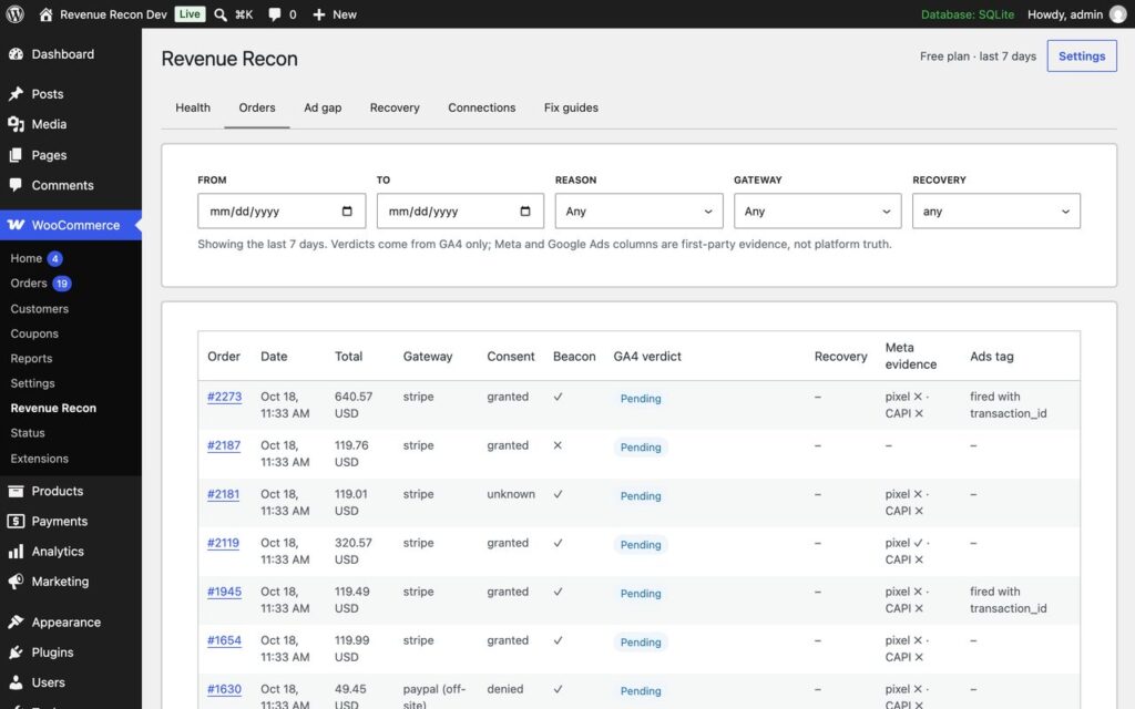 Revenue Recon, Orders: consent, beacon, GA4 verdict and first-party Meta and Google Ads evidence for every order, with filters.