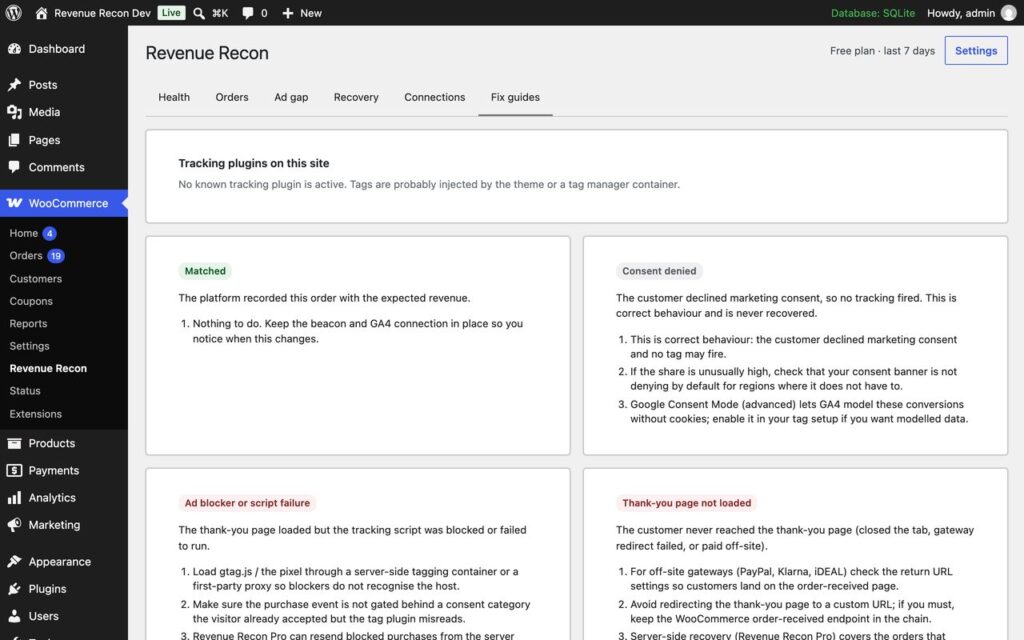 Revenue Recon, Fix guides: one plain-English remediation card per reason code, plus the tracking plugins detected on the site.