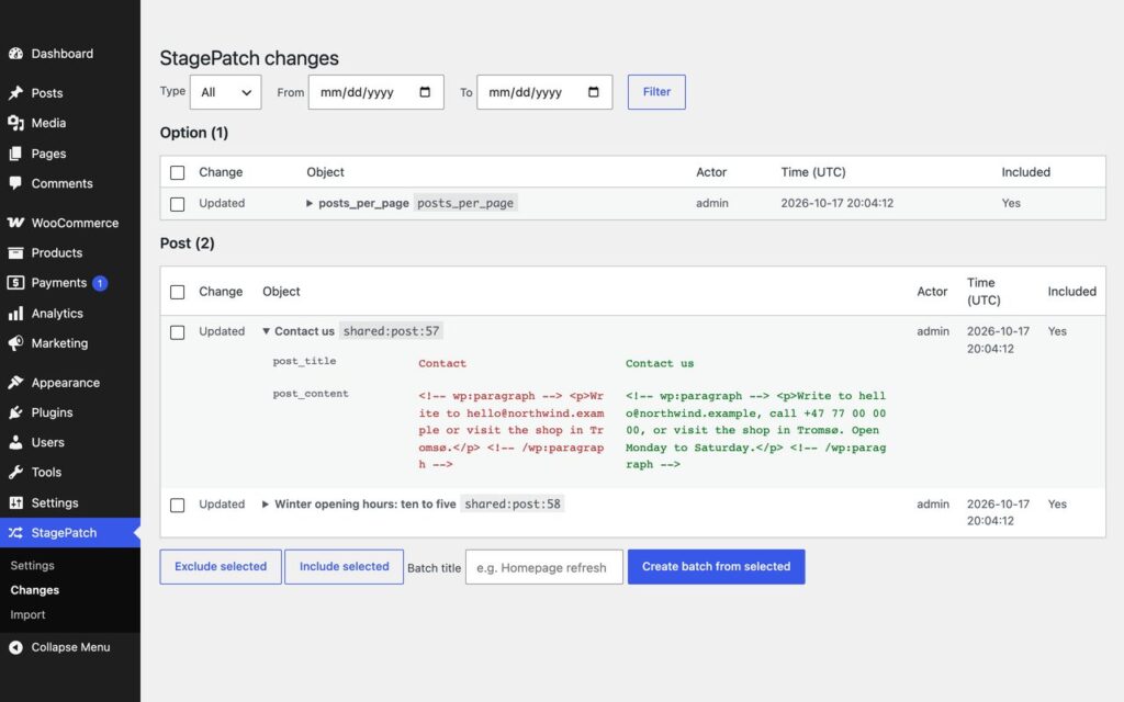 StagePatch, The Changes screen on staging: every recorded edit with a before/after diff, ready to batch.