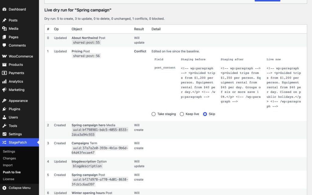 StagePatch, StagePatch Pro's Push to live screen with the inline live dry run, including a conflict found on live.