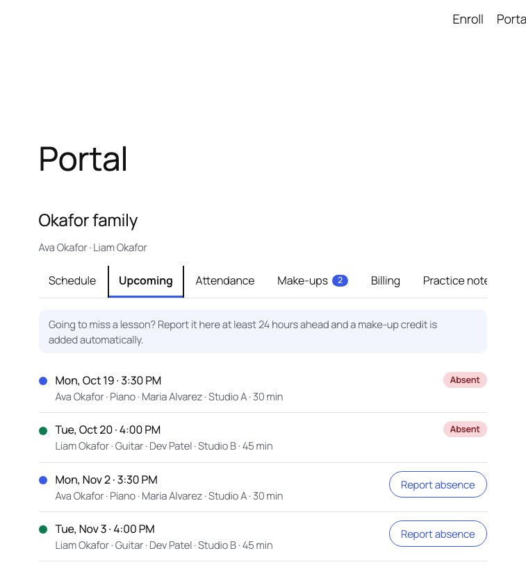StudioBeat, The parent portal: upcoming lessons with self-service absence reporting; the policy decides the credit on the spot.