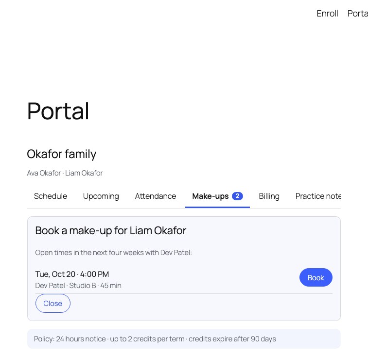 StudioBeat, Make-up credits in the portal with open times to book, including slots other families reported absent from.